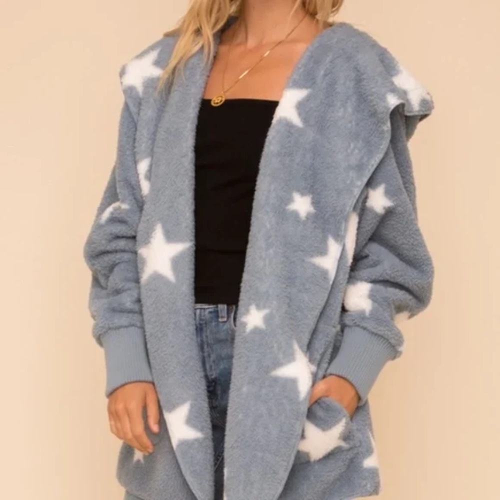 017 Cozy Star Print Teddy oversized hoodie Jacket - Picture 1 of 11